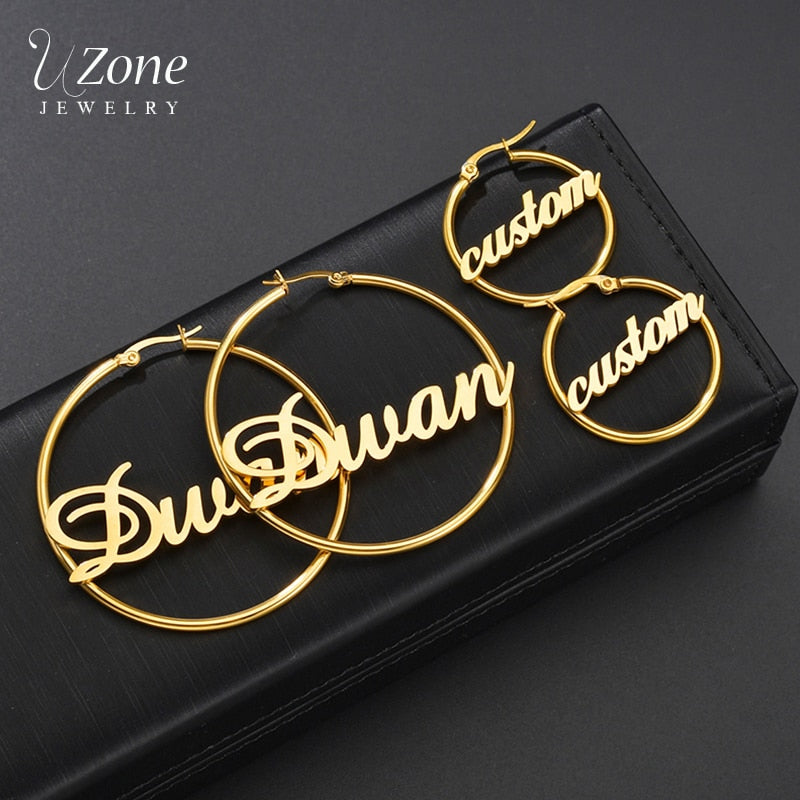 UZone 1 Pair Stainless Steel Custom Name Hoop Earrings Personalized Letter Circle Earring For Women Girls Birthday Party Jewelry