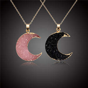 New Gold Color Sparkly Moon in Pink and Black Resin Stone Pendant Necklace. - love myself deals 