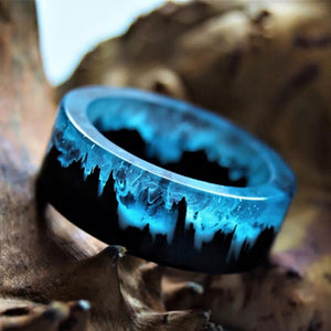 Unisex Mountain Wood and Blue Resin Ring