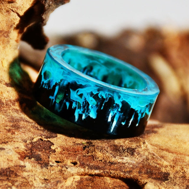 Unisex Mountain Wood and Blue Resin Ring