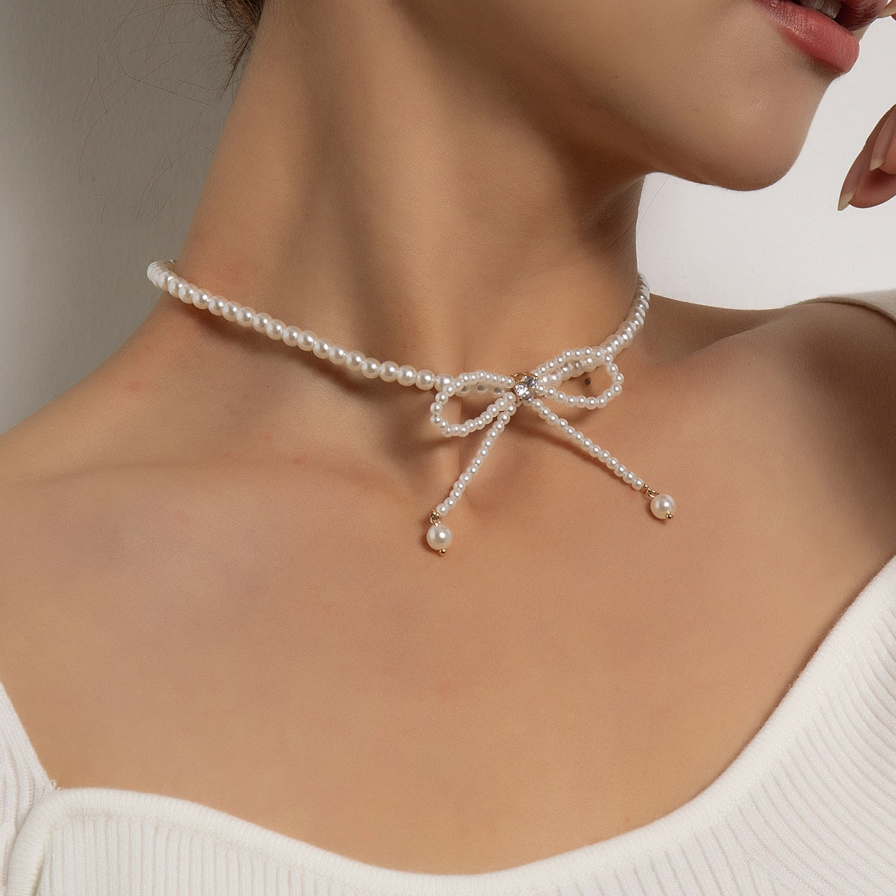 Elegant White Pearl Inspired Bowknot Choker Necklace