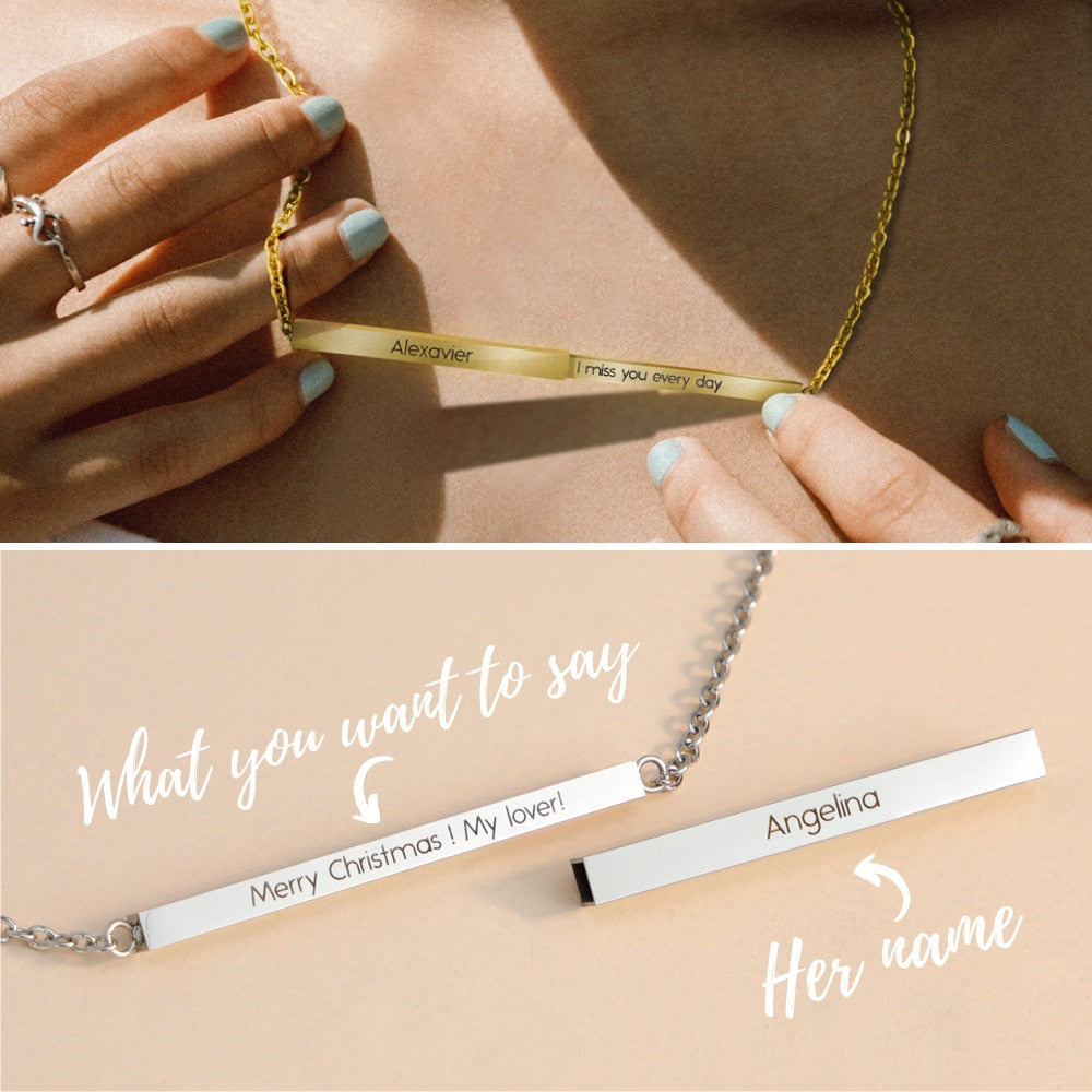 Personalized Custom Name -Retractable Three-Dimensional Long Bar Pendant Necklace