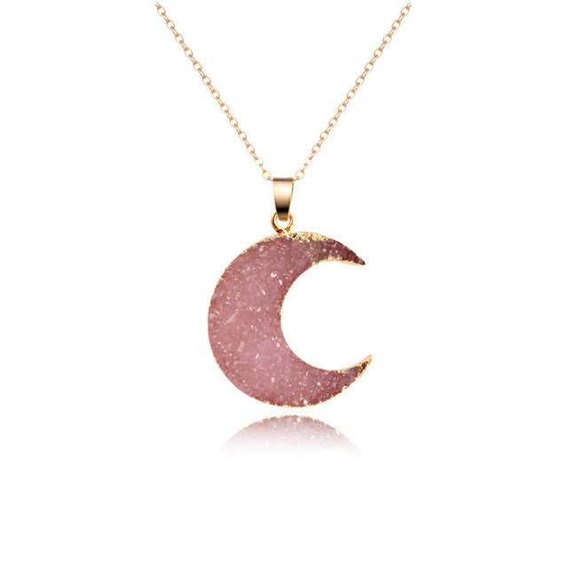 New Gold Color Sparkly Moon in Pink and Black Resin Stone Pendant Necklace. - love myself deals 