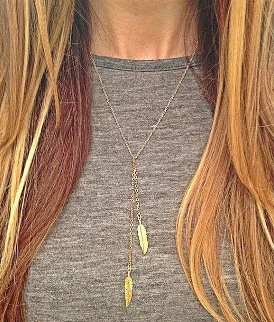 Gold color Tie Necklace with 2 Hanging Feathers. - love myself deals 
