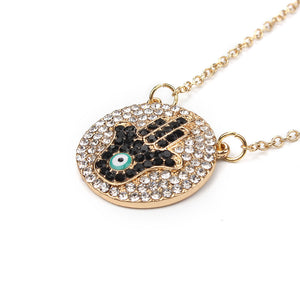 Trendy Fashion Gold Color Round Crystal Hamsa Pendant Necklace. - love myself deals 