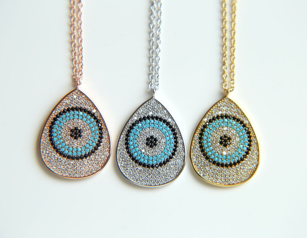 Luxurious 925 Sterling Silver Turquoise CZ Pear Eye Shape Pendant Necklace. - love myself deals 