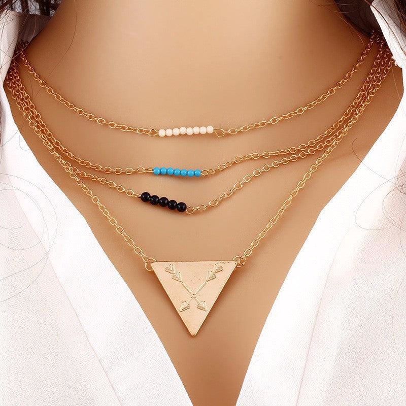 3 Layer Gold Chain Bar Necklace with Beads and Long Strip Triangle Pendant Necklace. - love myself deals 