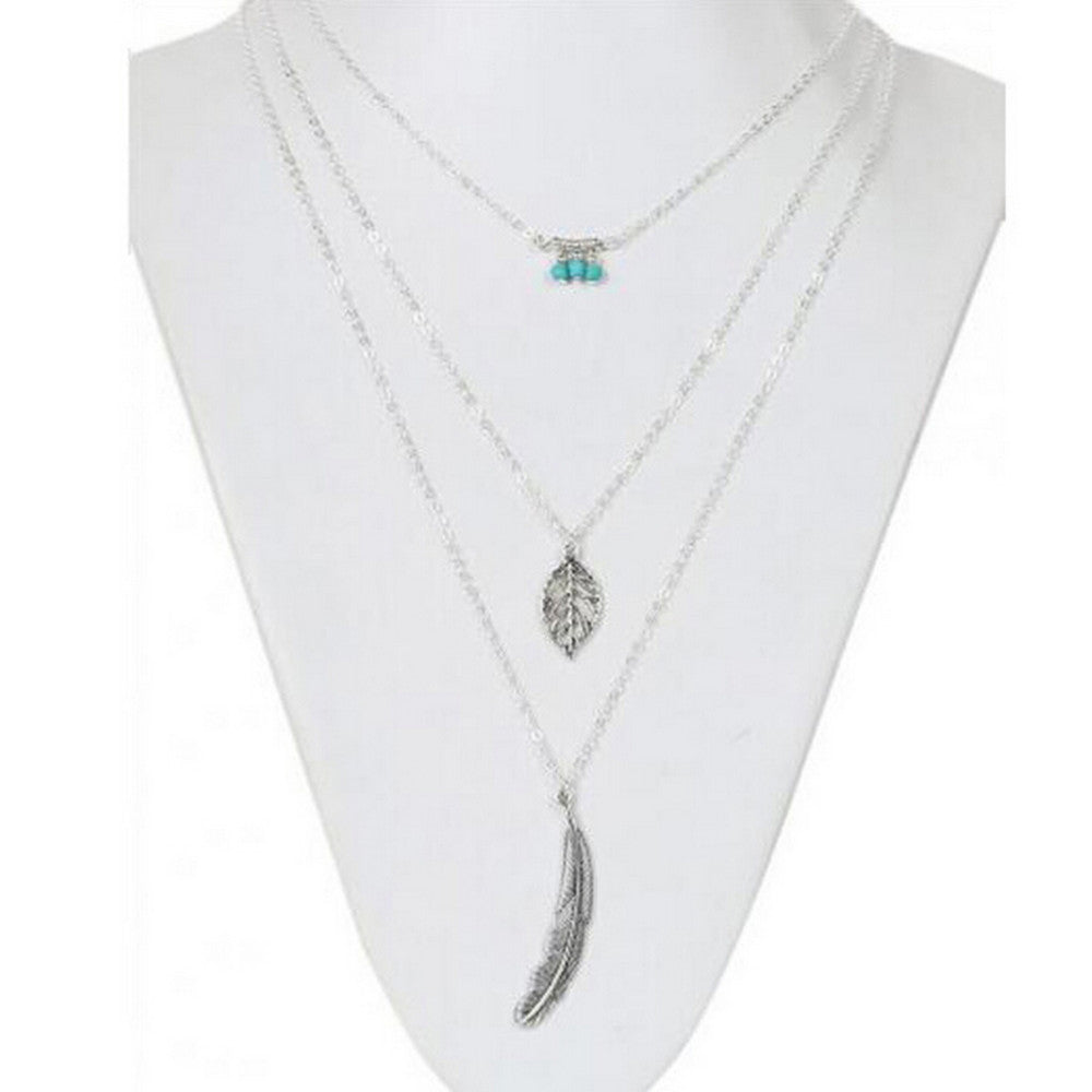 Multi 3 layer Leaf  and Feather Long Pendant Necklace. - love myself deals 