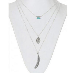 Multi 3 layer Leaf  and Feather Long Pendant Necklace. - love myself deals 